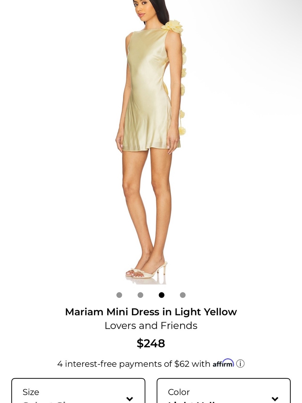 Lovers + Friends Satin Mariam Mini Dress in Light Yellow with Floral Shoulder